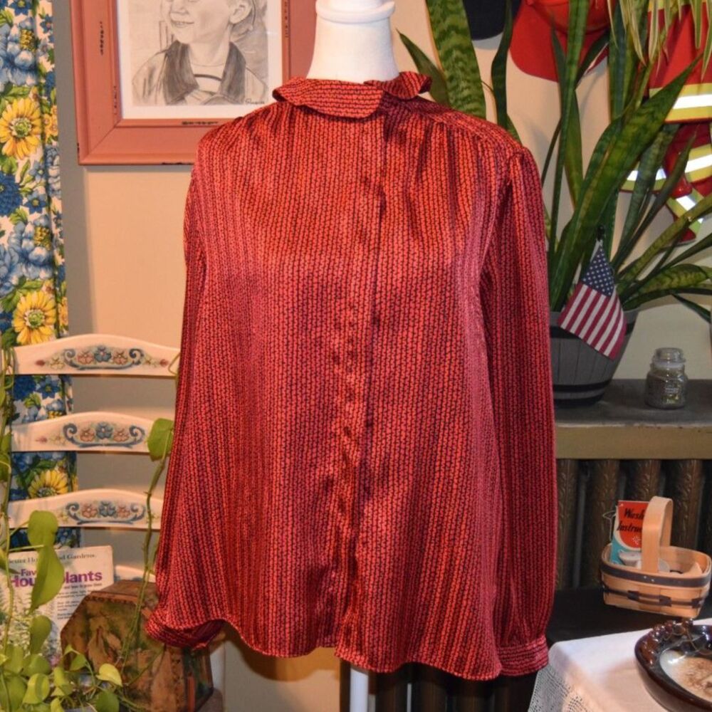 Vintage 80s Evan Picone Secretary Blouse Ruffle Neckline Red and Black Size XL